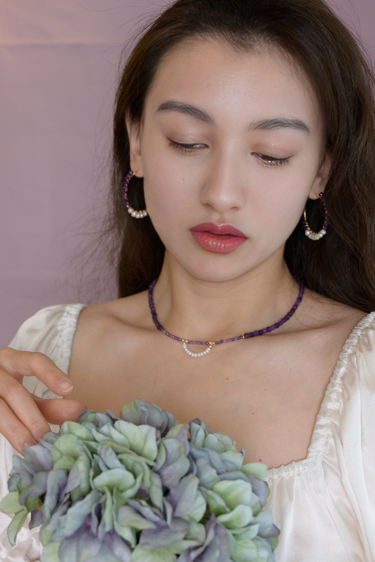 Amethyst Iris Pearl Arc Necklace