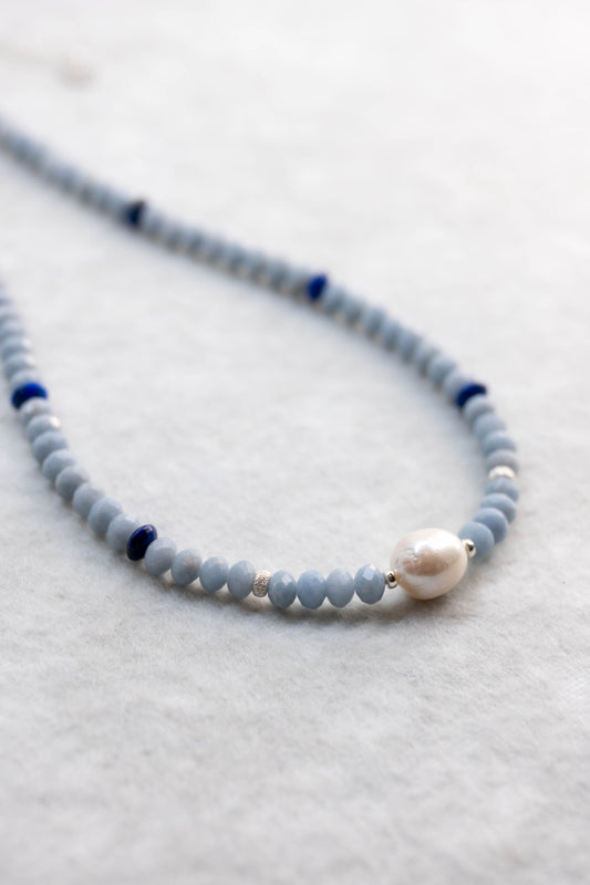 Blue Halo Pearl Necklace | Angelite Lapis Baroque Pearl