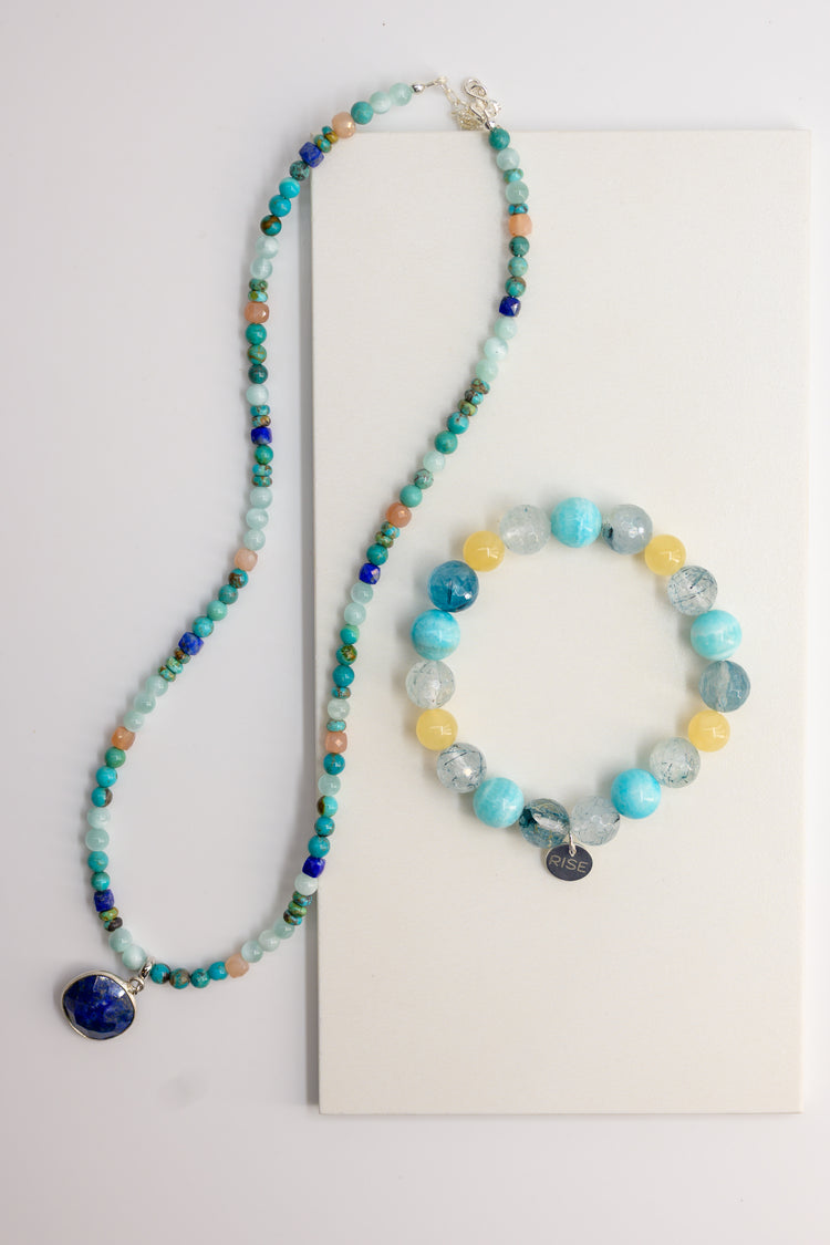 Visionary Spark Bracelet |Blue Rutliated Quartz Hemimorphite Yellow Calcite
