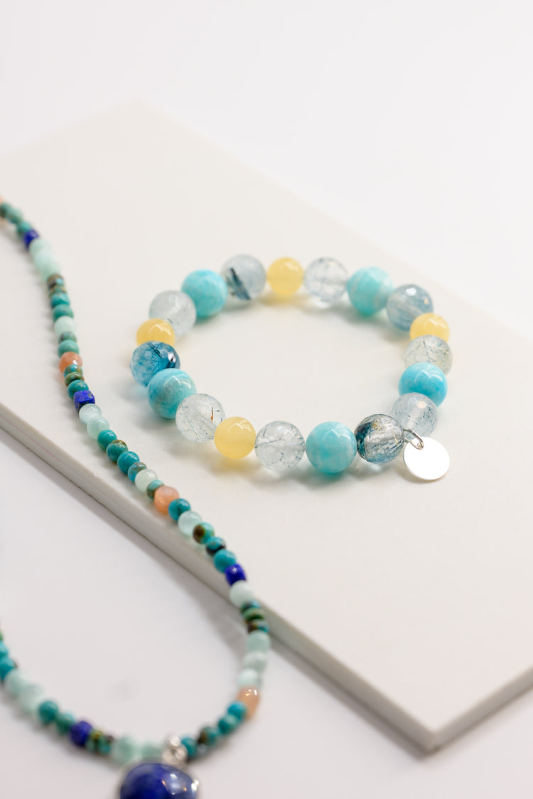 Visionary Spark Bracelet |Blue Rutliated Quartz Hemimorphite Yellow Calcite