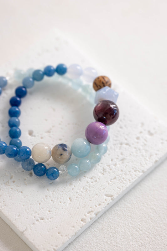 ByeByeWorry|Double-lined Bracelet with Organic Essential Oil | Blue Aventurine Blue Chalcedony Purple Lepidolite