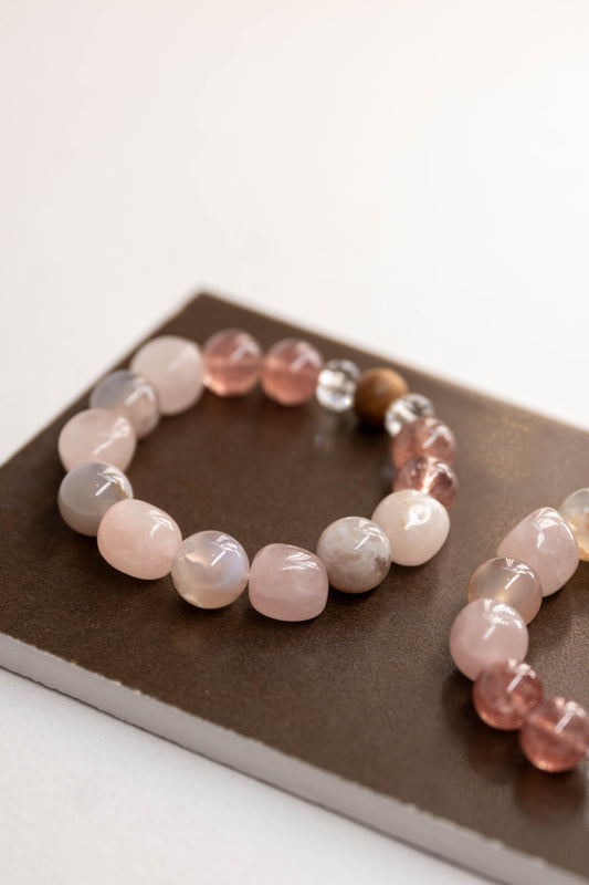 Bonded Bliss Bracelet | Madagascar Rose Quartz Madagascan Cherry Blossom Agate Strawberry Quartz(A) Kakawate Wood (Essential-oil-diffuser)