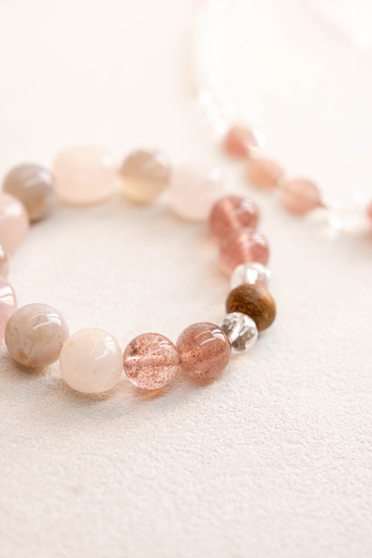 Bonded Bliss Bracelet | Madagascar Rose Quartz Madagascan Cherry Blossom Agate Strawberry Quartz(A) Kakawate Wood (Essential-oil-diffuser)