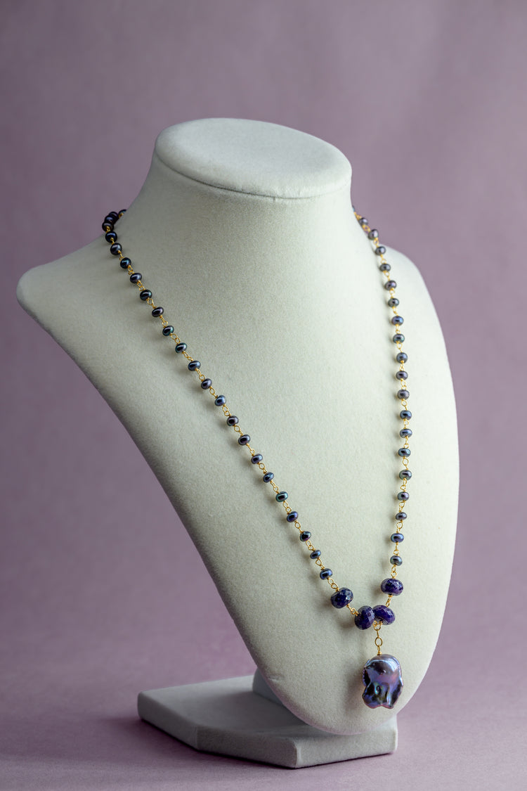 Clematis Sapphire Baroque Pearl Drop Necklace