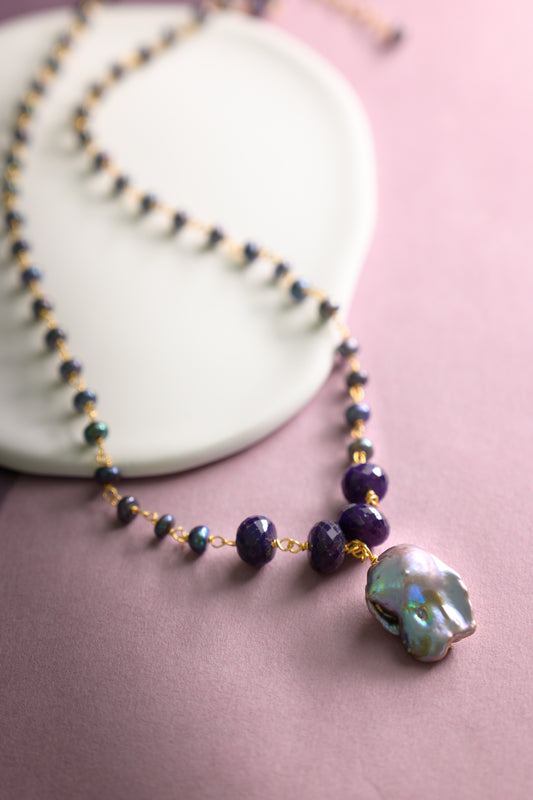 Clematis Sapphire Baroque Pearl Drop Necklace