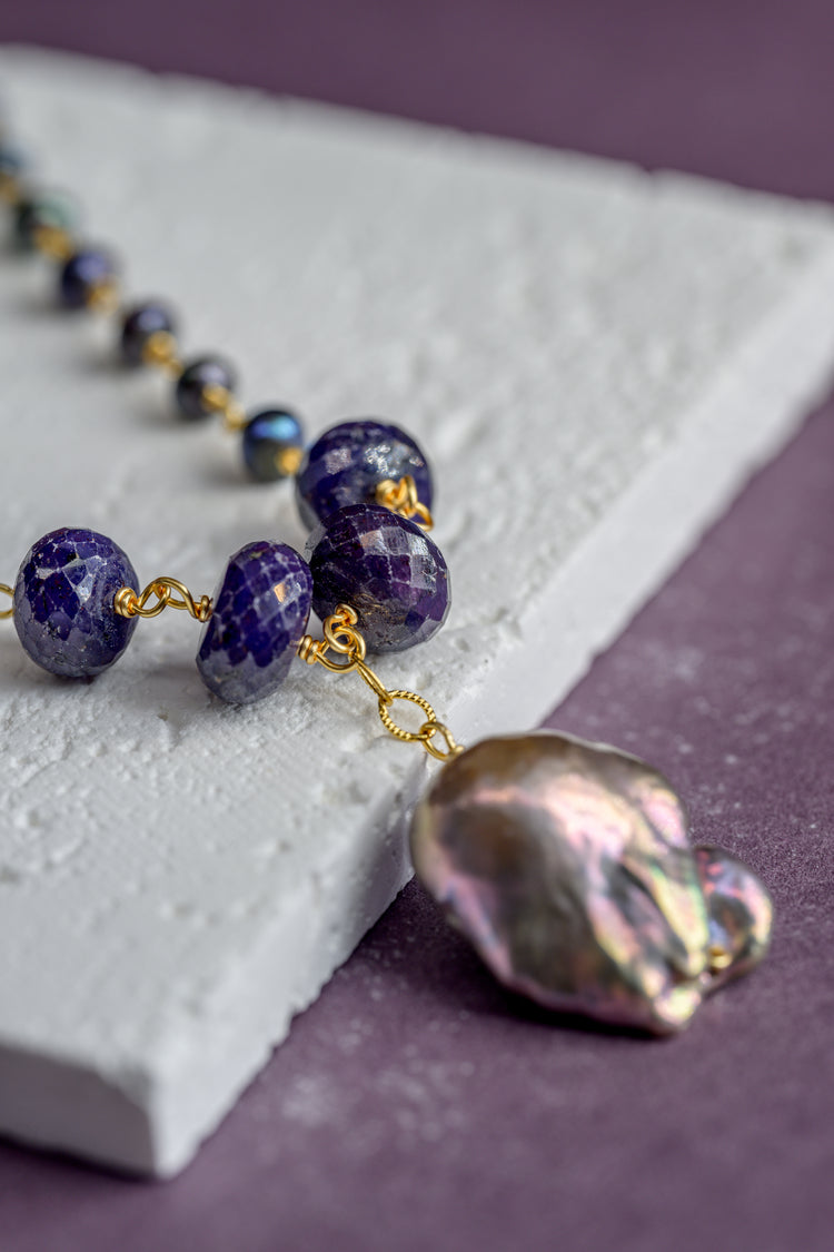 Clematis Sapphire Baroque Pearl Drop Necklace