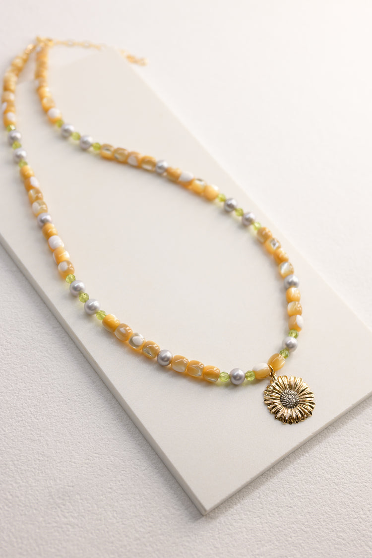 Golden Daisy Necklace | Peridot Grey Freshwater Pearl Natural Mother of Pearl