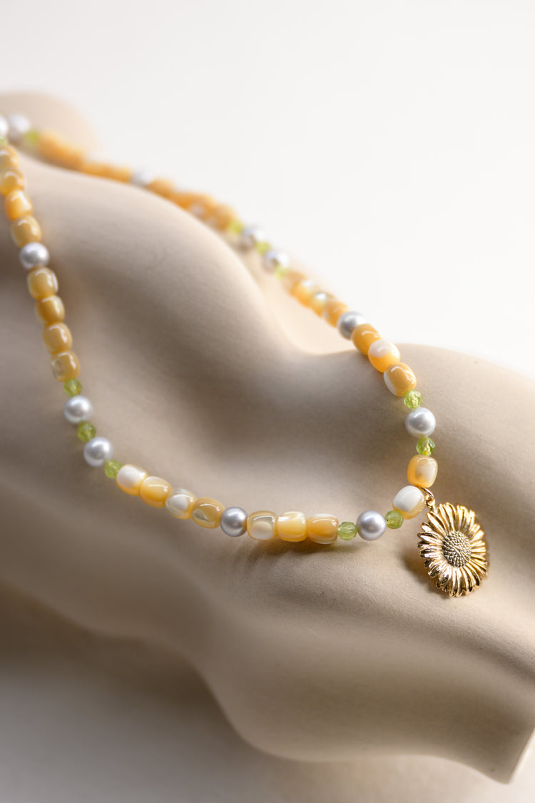 Golden Daisy Necklace | Peridot Grey Freshwater Pearl Natural Mother of Pearl