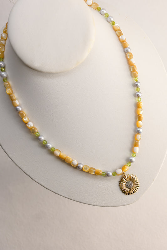 Golden Daisy Necklace | Peridot Grey Freshwater Pearl Natural Mother of Pearl