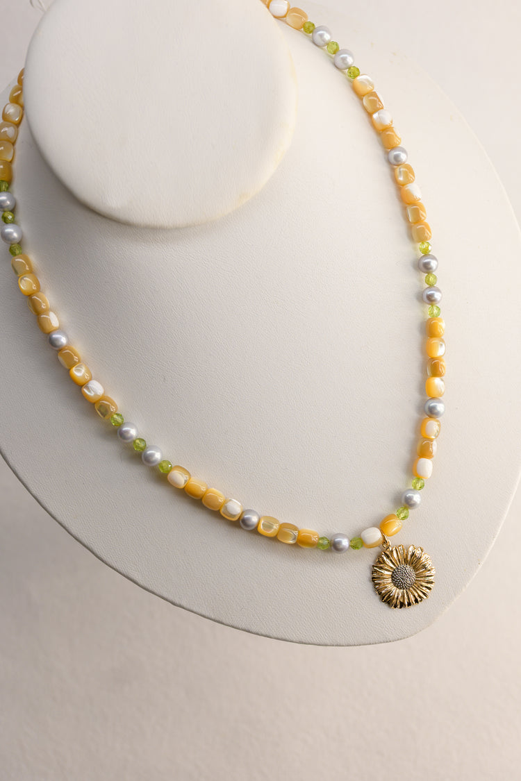 Golden Daisy Necklace | Peridot Grey Freshwater Pearl Natural Mother of Pearl