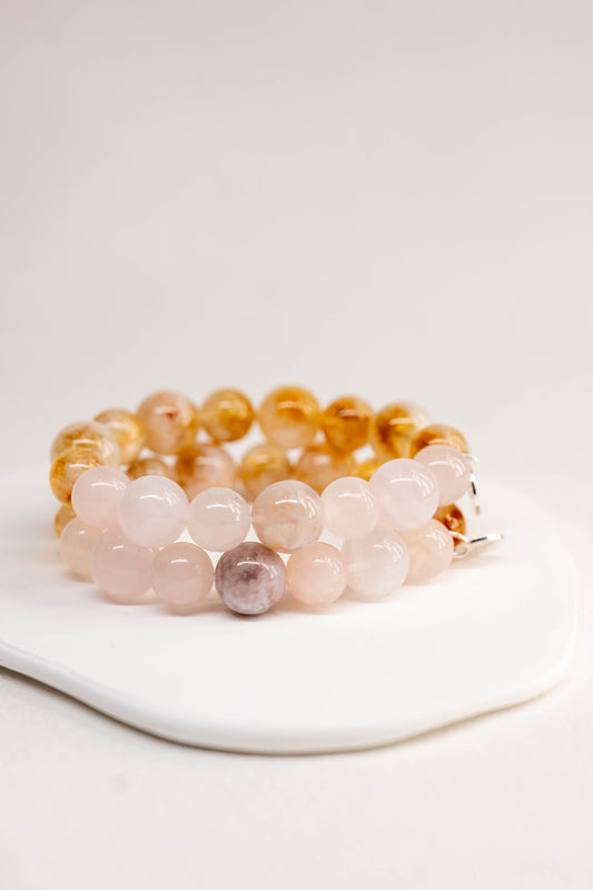 Bonded Bliss Bracelet | Madagascar Rose Quartz Madagascan Cherry Blossom Agate Natural Golden Citrine
