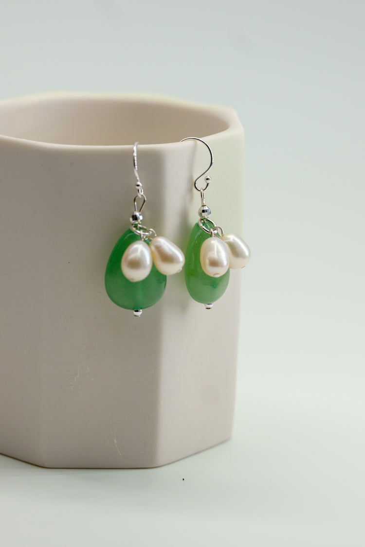 Dawn Leaf Earrings Green Aventurine Freshwater Pearls