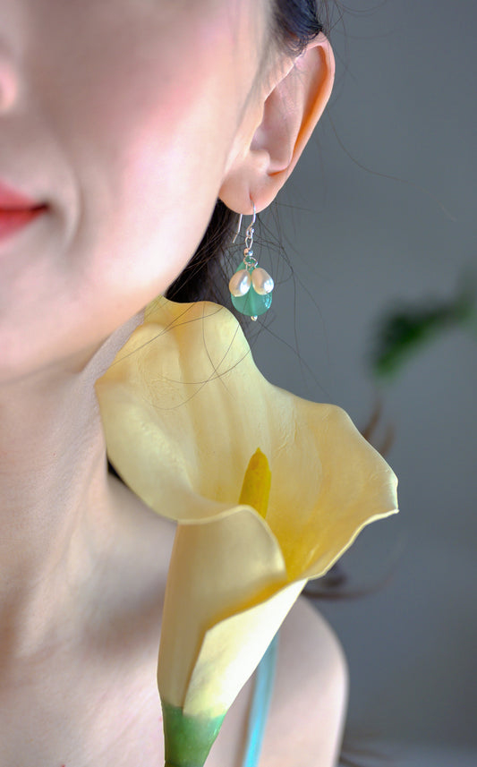 Dawn Leaf Earrings Green Aventurine Freshwater Pearls
