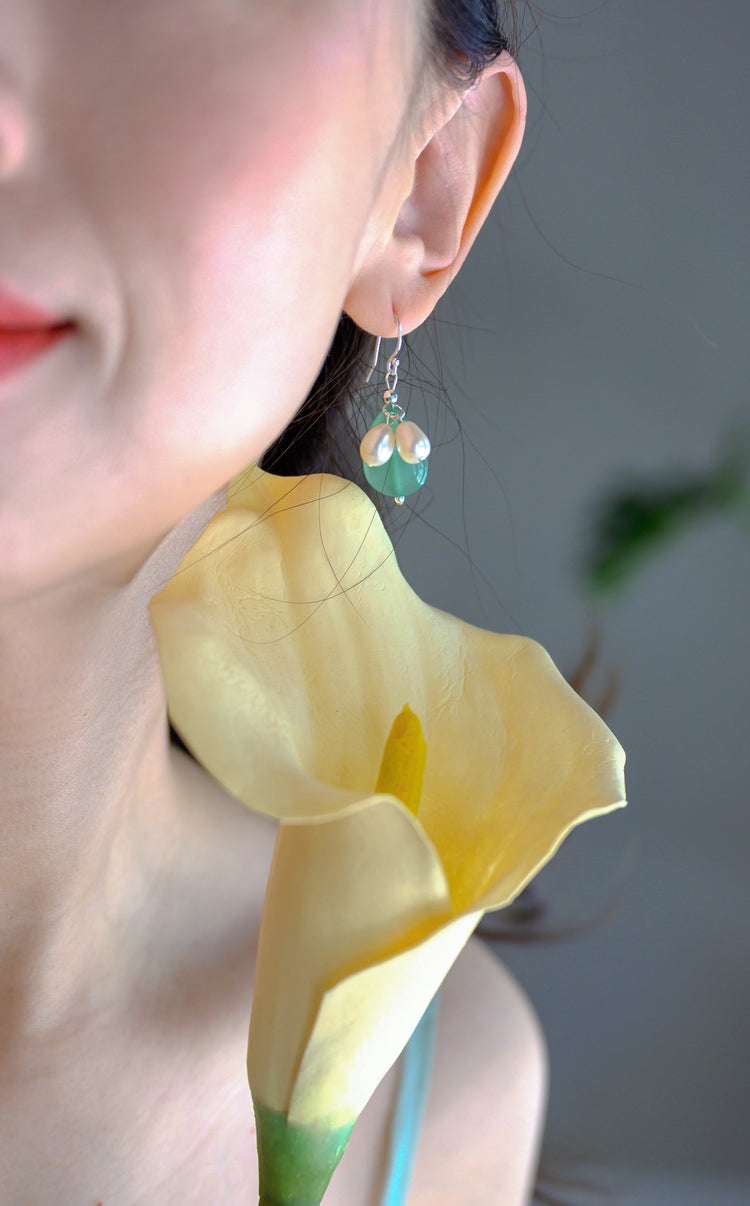 Dawn Leaf Earrings Green Aventurine Freshwater Pearls