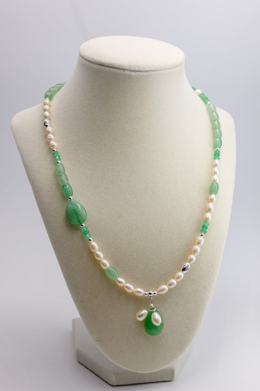 Dawn Leaf Necklace  Green Aventurine Freshwater Pearl