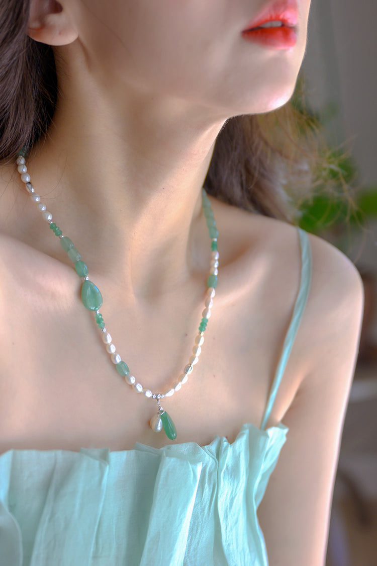 Dawn Leaf Necklace Green Aventurine Freshwater Pearl