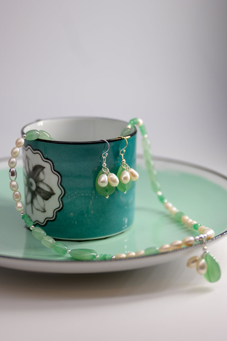Dawn Leaf Jewelry Set Green Aventurine Freshwater Pearls