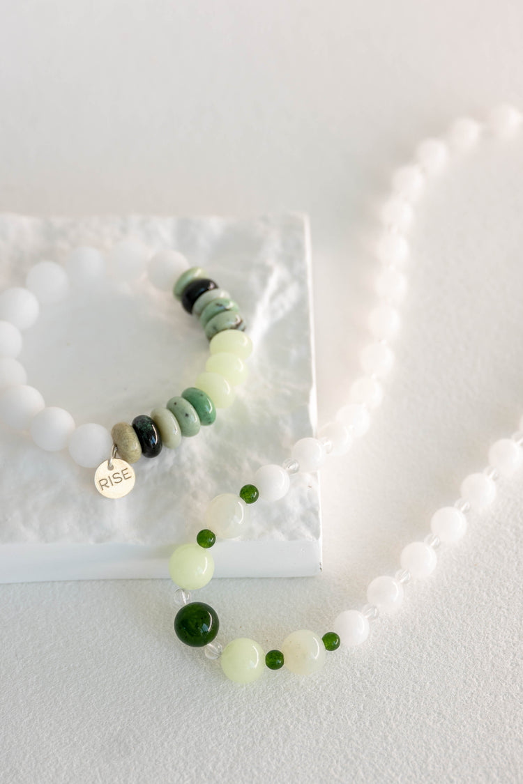 Eternal Youth Bracelet | African Hydrogrossular Garnet Glow-in-Dark Mexican Green Aragonite White Jade