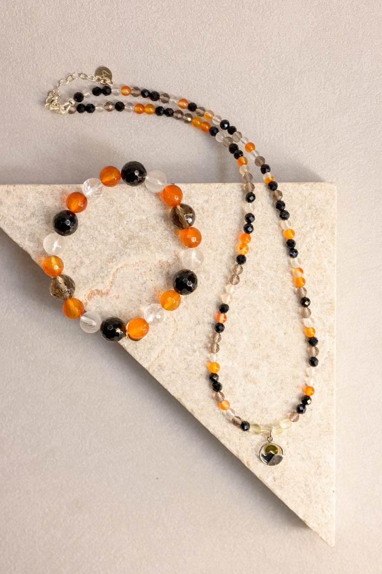 Golden Peak Charm Necklace | Citrine(AA) Carnelian Smoky Quartz Black Onyx