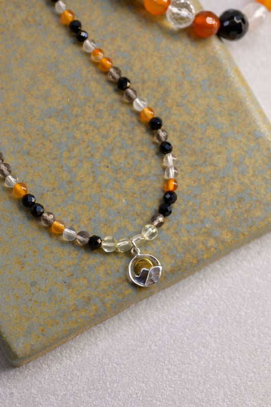 Golden Peak Charm Necklace | Citrine(AA) Carnelian Smoky Quartz Black Onyx