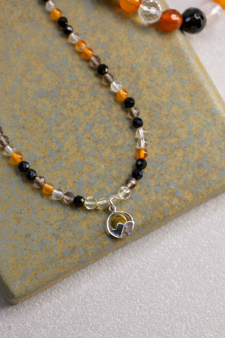 Golden Peak Charm Necklace | Citrine(AA) Carnelian Smoky Quartz Black Onyx