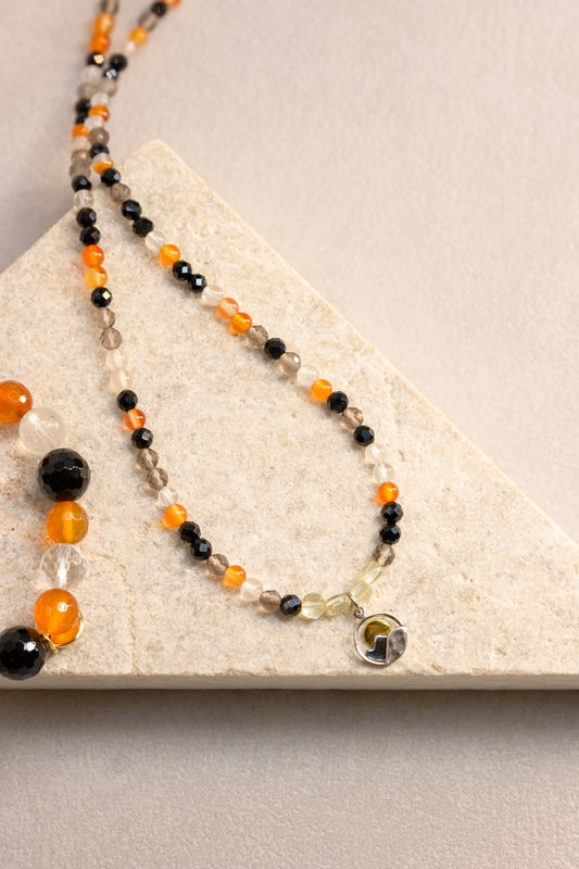 Golden Peak Charm Necklace | Citrine(AA) Carnelian Smoky Quartz Black Onyx