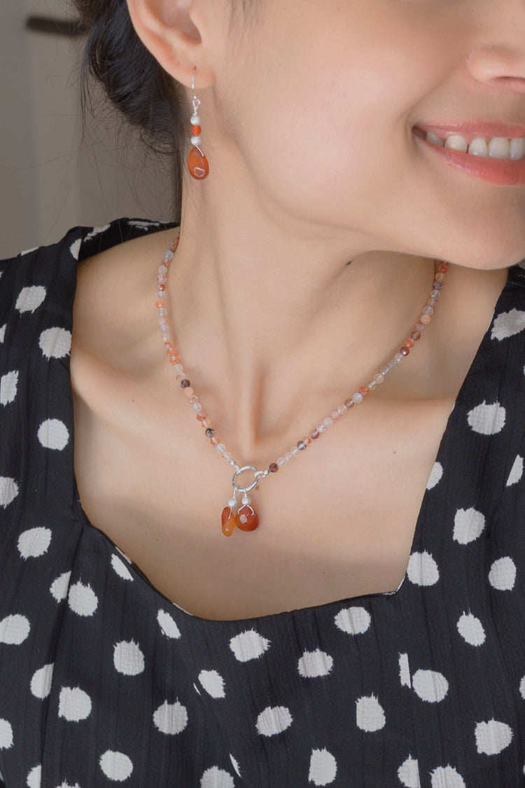 Double Cherries, Double Blessings Necklace | Red Jasper Red Rutilated Quartz Peach Moonstone