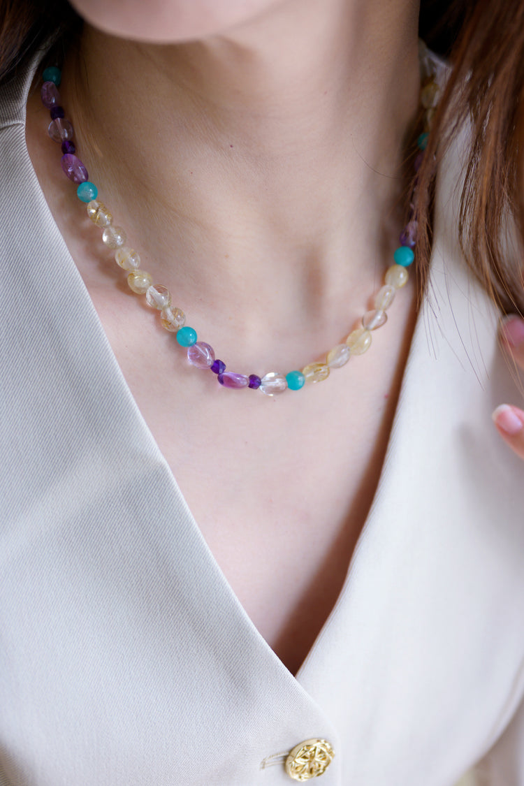 Golden Bubbly Breeze Necklace | Amazonite (AAA) Copper Rutilated Quartz Lavender Amethyst