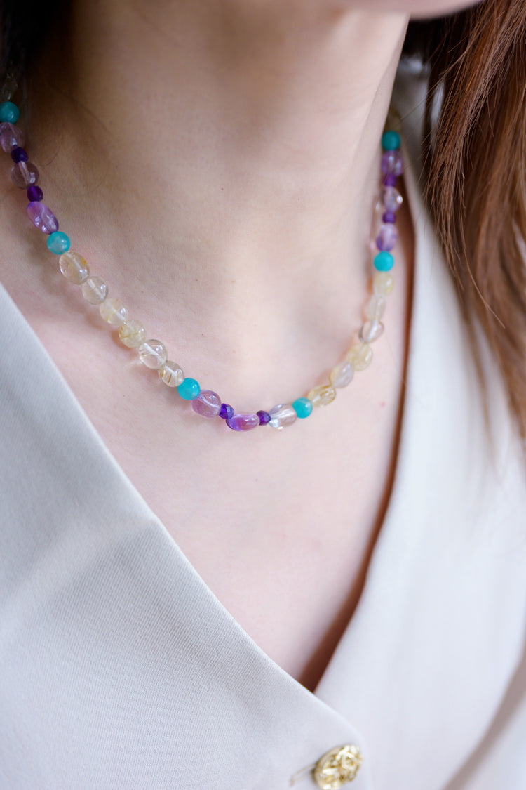 Golden Bubbly Breeze Necklace | Amazonite (AAA) Copper Rutilated Quartz Lavender Amethyst