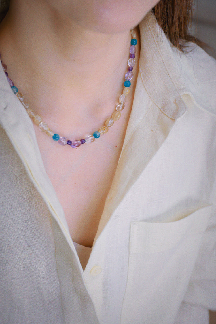 Golden Bubbly Breeze Necklace | Amazonite (AAA) Copper Rutilated Quartz Lavender Amethyst