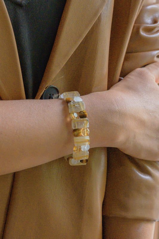 Sunfire Crown Bangle | Golden Rutilated Quartz(AA) Citrine(AA) Tiger's Eyes(A) Rock Crystal Quartz