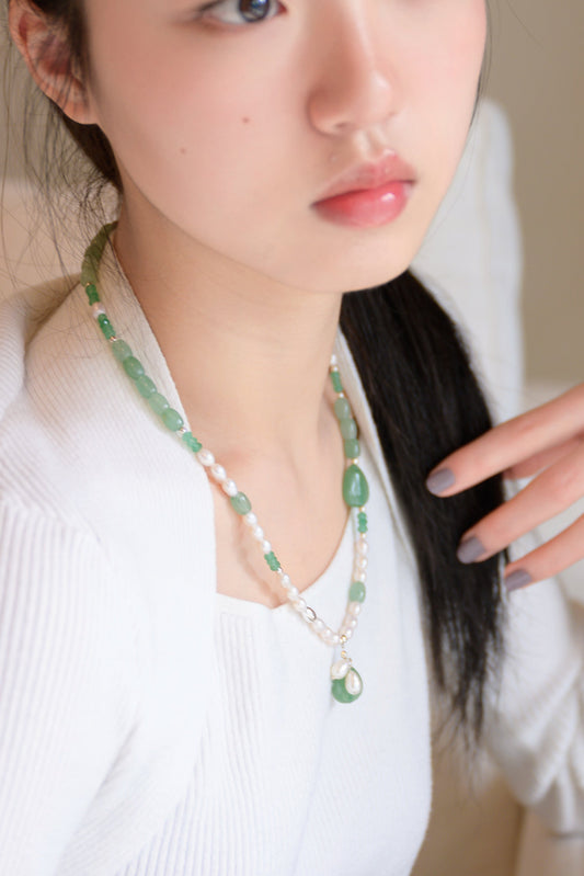Dawn Leaf Necklace  Green Aventurine Freshwater Pearl