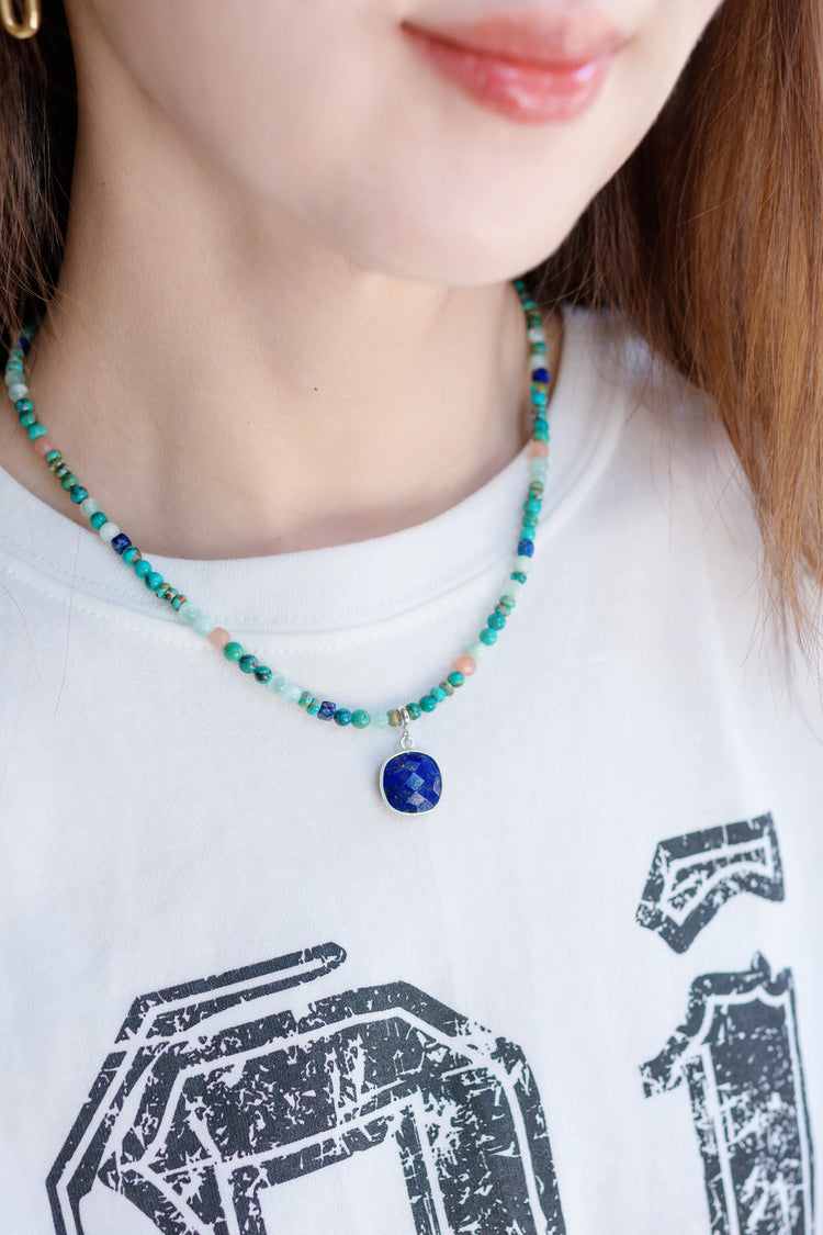 Turquoise Tranquility Necklace with Lapis Square Pendant | Hubei Turquoise (A) Russian Green Angelite Peach Moonstone (A)