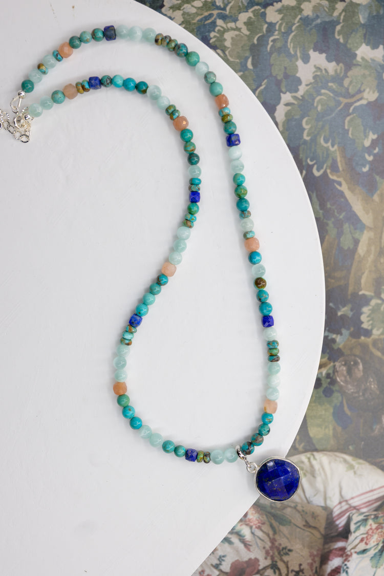 Turquoise Tranquility Necklace with Lapis Square Pendant | Hubei Turquoise (A) Russian Green Angelite Peach Moonstone (A)
