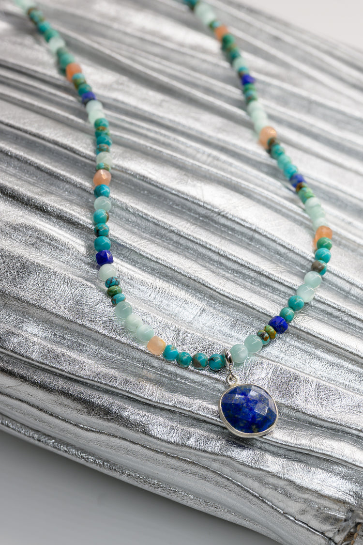 Turquoise Tranquility Necklace with Lapis Square Pendant | Hubei Turquoise (A) Russian Green Angelite Peach Moonstone (A)