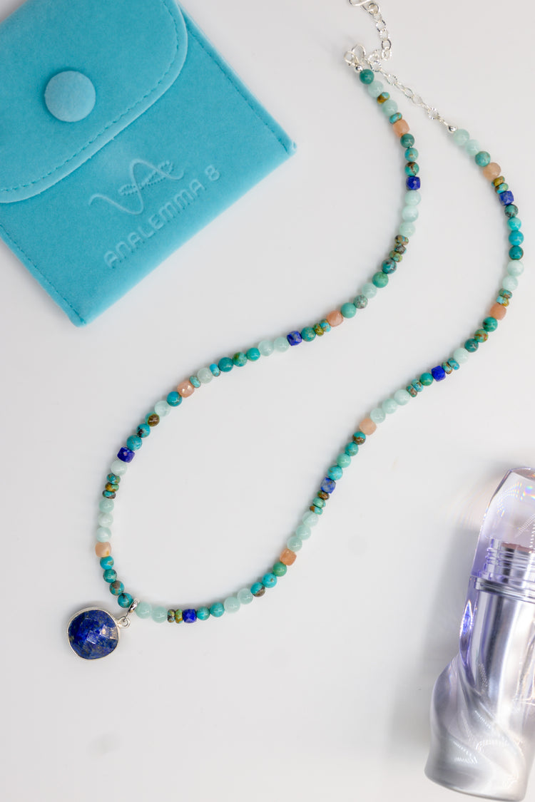 Turquoise Tranquility Necklace with Lapis Square Pendant | Hubei Turquoise (A) Russian Green Angelite Peach Moonstone (A)