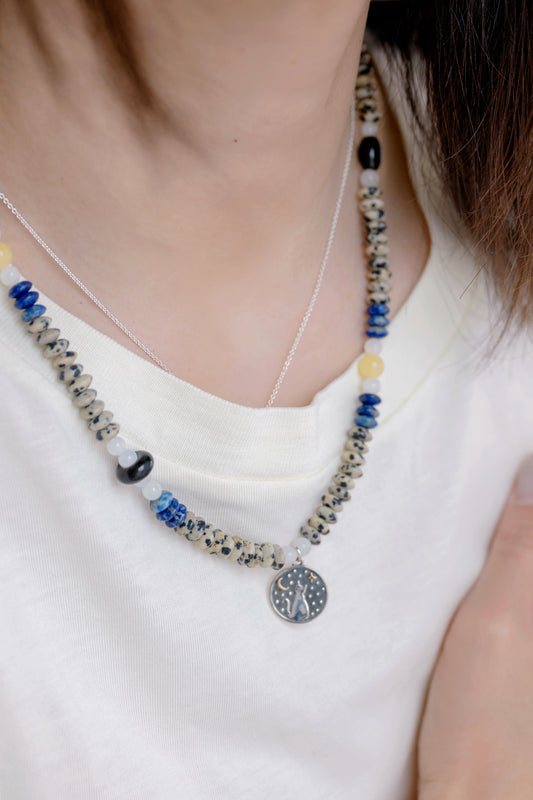 Starlit Meow Charm Necklace2.0 | Dalmatian Jasper Black Onyx Moonstone