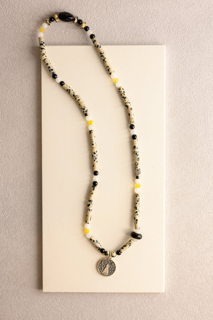 Starlit Meow Charm Necklace | Dalmatian Jasper Yellow Opal Black Onyx Moonstone