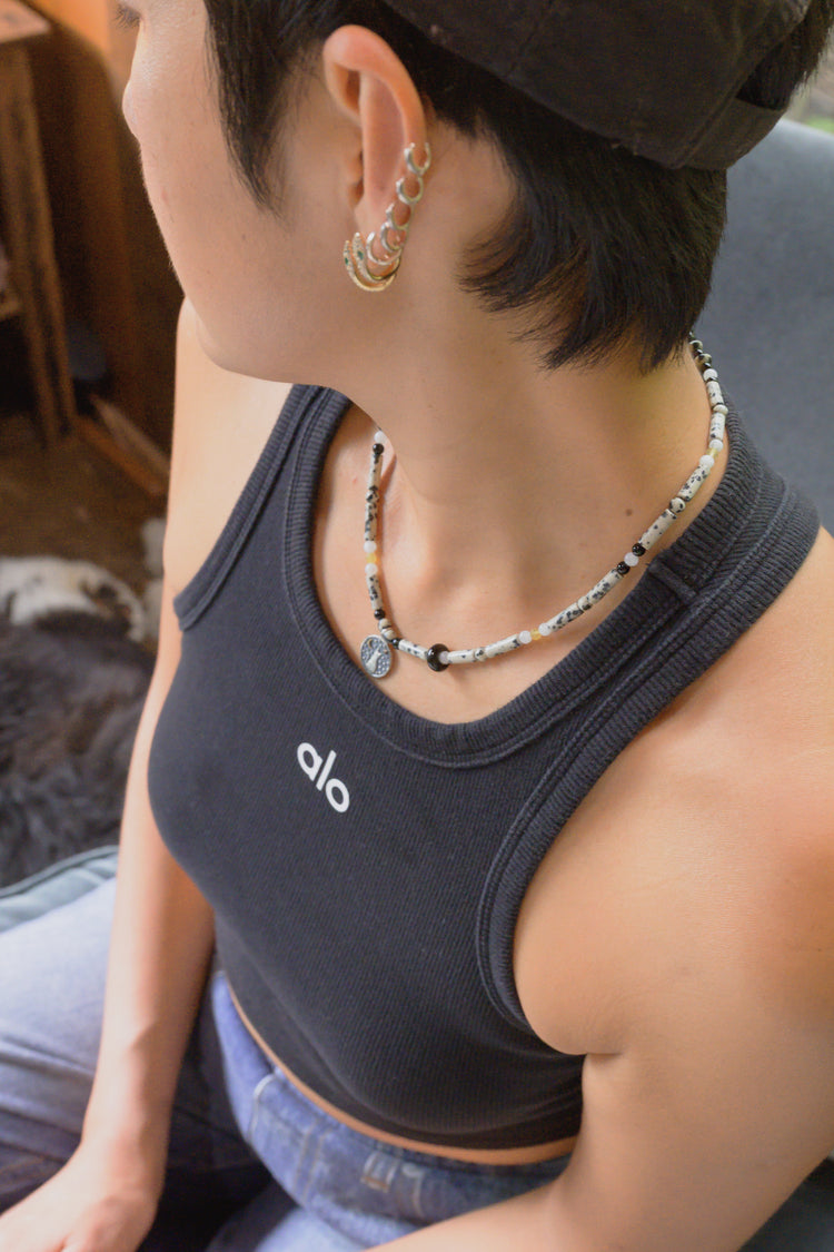 Starlit Meow Charm Necklace | Dalmatian Jasper Yellow Opal Black Onyx Moonstone