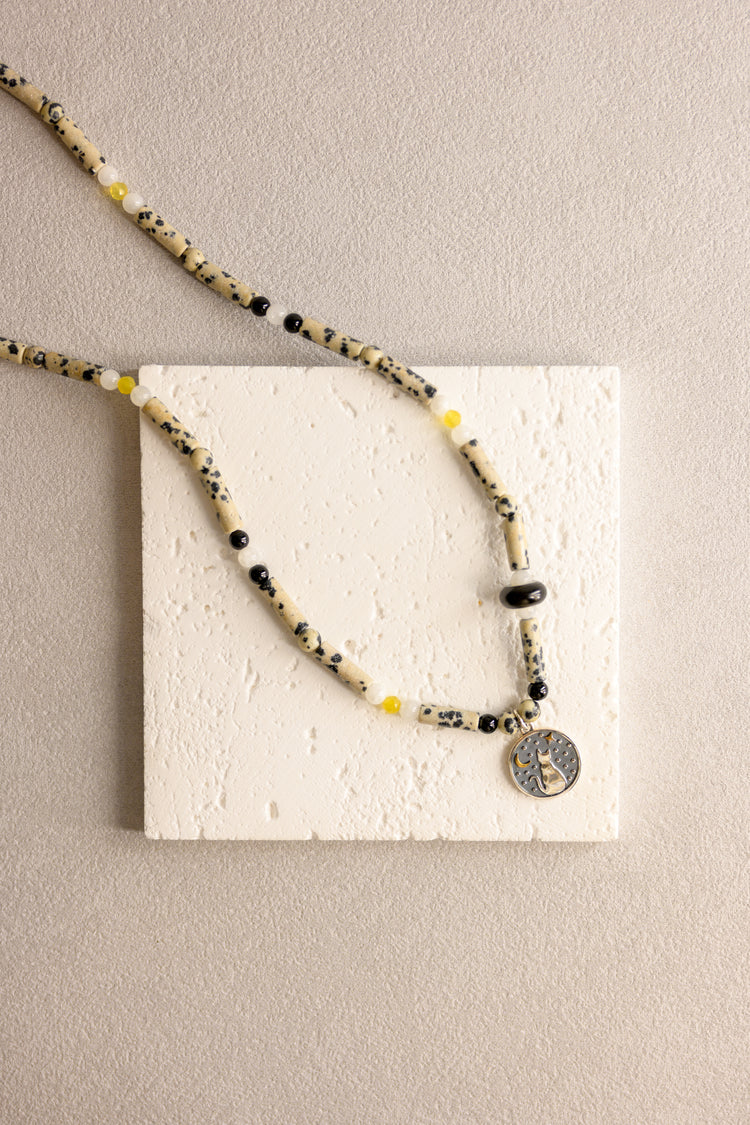 Starlit Meow Charm Necklace | Dalmatian Jasper Yellow Opal Black Onyx Moonstone