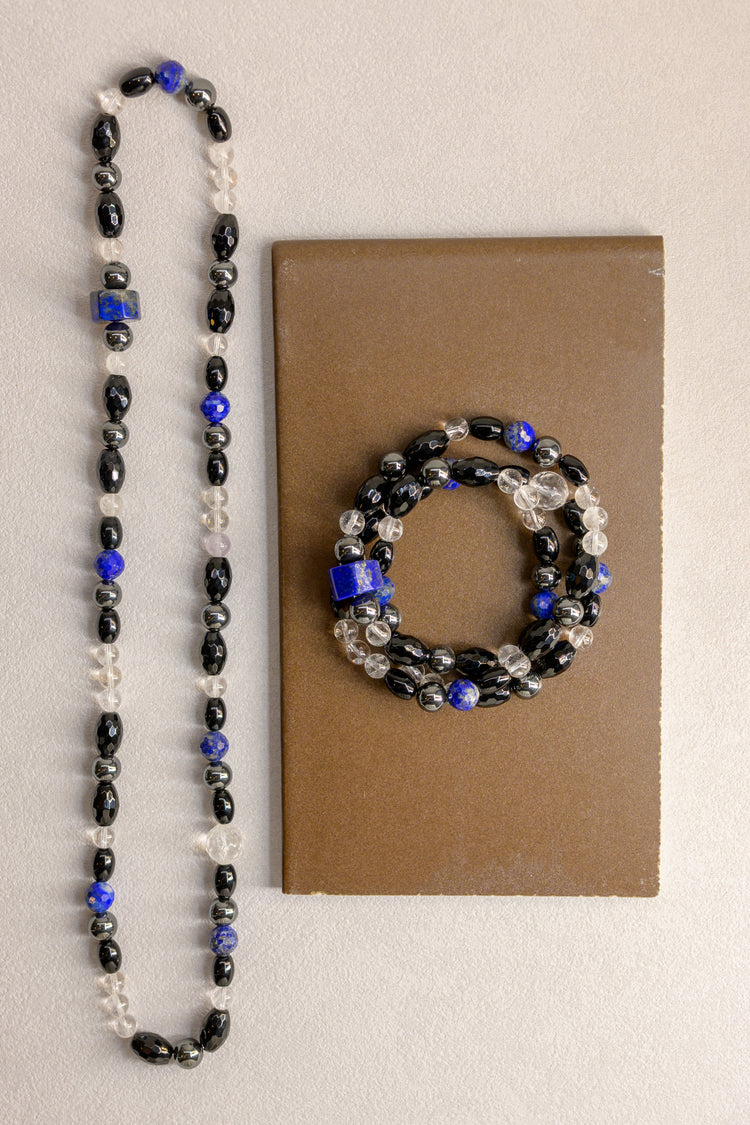 Ethereal Nightfall Three Wrapped Bracelet or Necklace | Hematite Black Onyx Rock Crystal Quartz Lapis