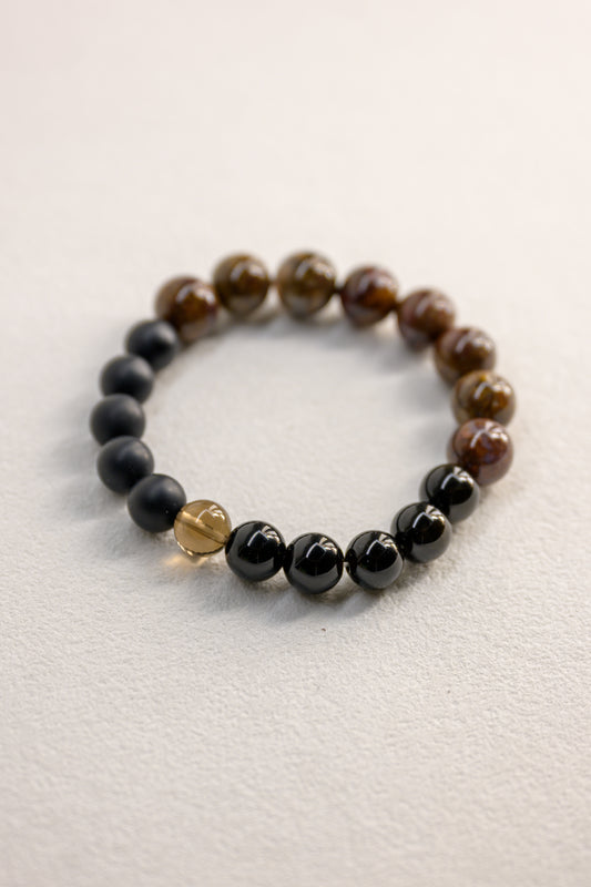 Golden Ambition Man Bracelet | Pietersite Golden Obsidian Black Onyx (matte AA)Smoky Quartz