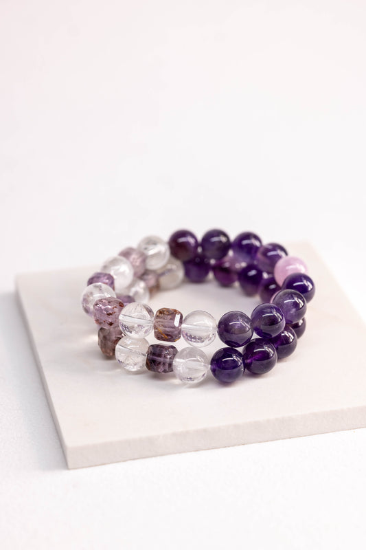 Prismatic Thought Bracelet | Kunzite(AA) Amethyst(A) Purple Phantom Quartz (Auralite-23) Rock Crystal