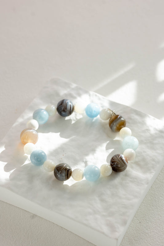 Prismatic Thought Bracelet | Aquamarine(A) Spiral Troca Shell Botswana Agate