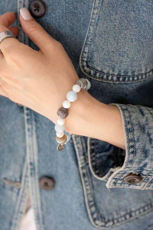 Prismatic Thought Bracelet | Aquamarine(A) Spiral Troca Shell Botswana Agate