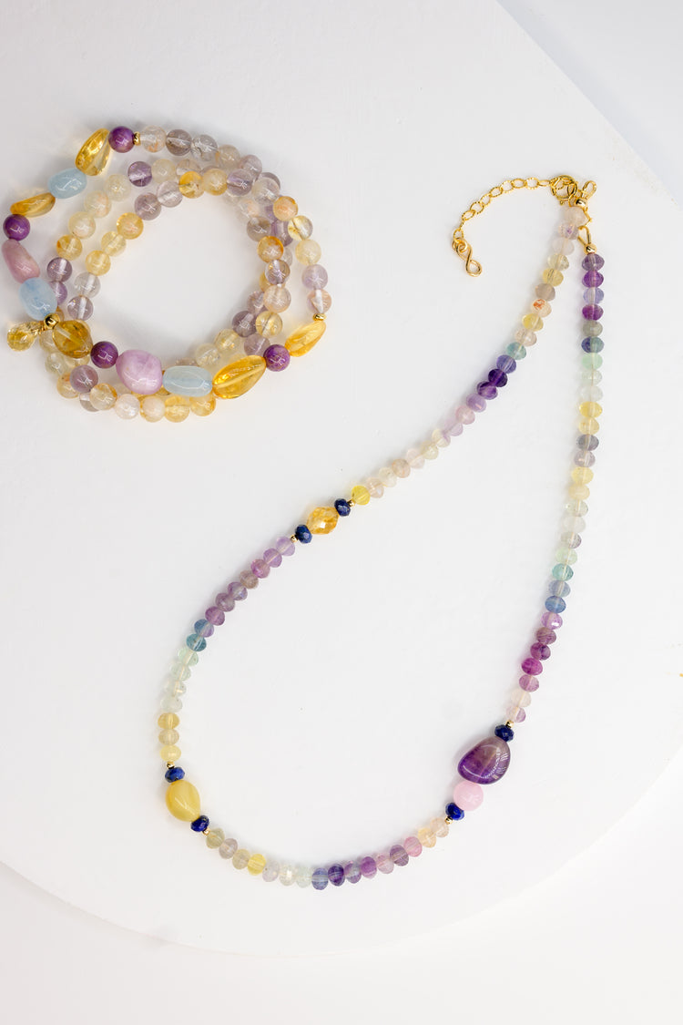 Galaxy Pop Necklace | Rainbow Fluorite Kunzite Lapis Yellow Opal amethyst