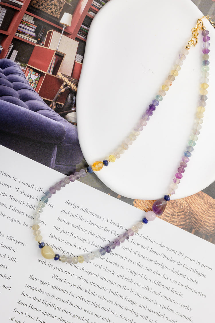 Galaxy Pop Necklace | Rainbow Fluorite Kunzite Lapis Yellow Opal amethyst