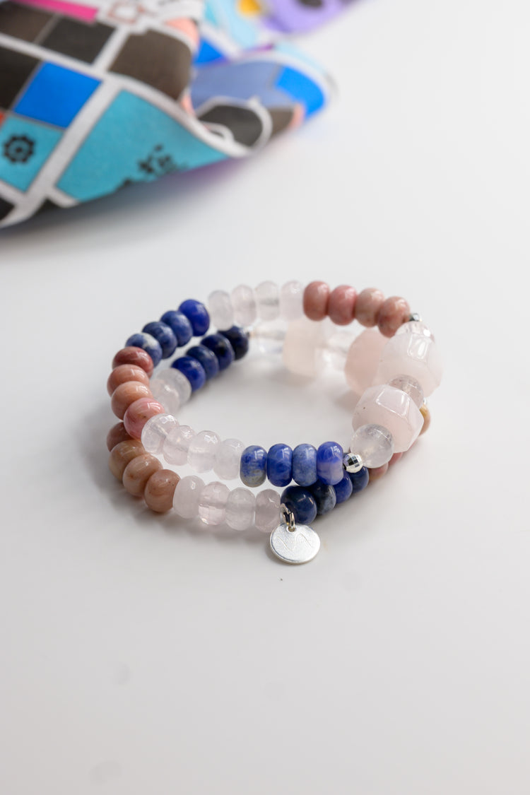 Bonded Bliss Bracelet | Madagascar Rose Quartz Wood Rhodonite Brazilian Sodalite