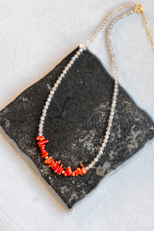 The Sicilian Pulse Necklace | Italian Red Coral (AA) Labradorite(AA)