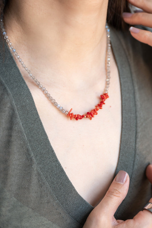 The Sicilian Pulse Necklace | Italian Red Coral (AA) Labradorite(AA)